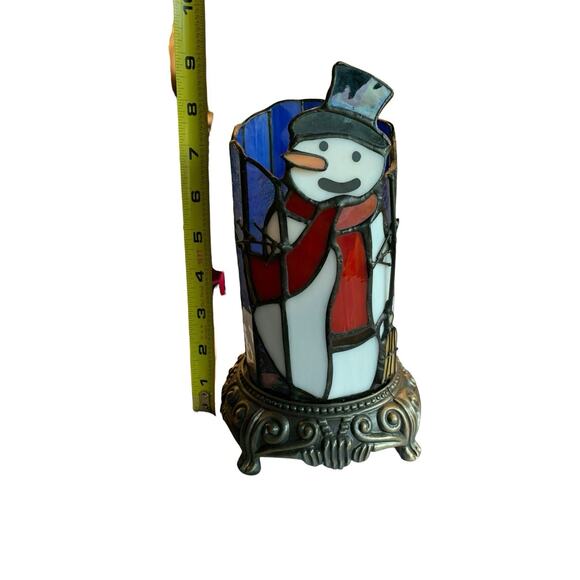 Christmas SNOWMAN Tiffany Style Stained Glass Table Lamp Cast Iron Base Rare - Picture 7 of 9